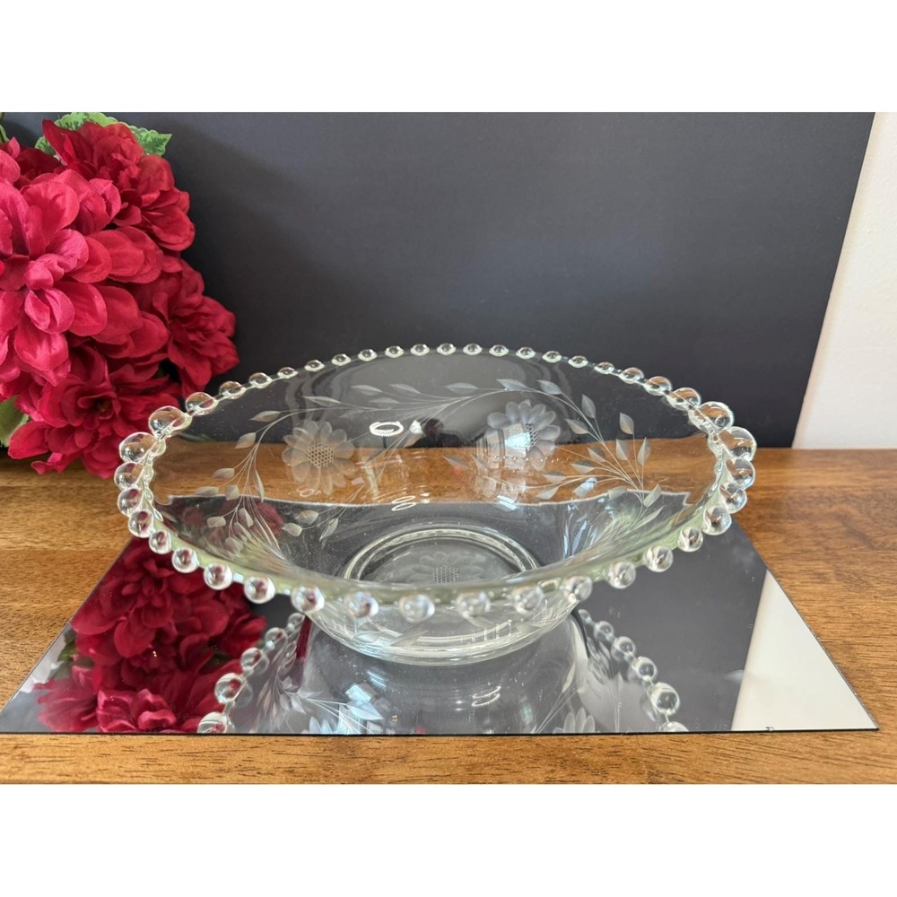 Vintage Etched Glass Pedestal Bowl Scalloped Waded Edge Floral Design‎